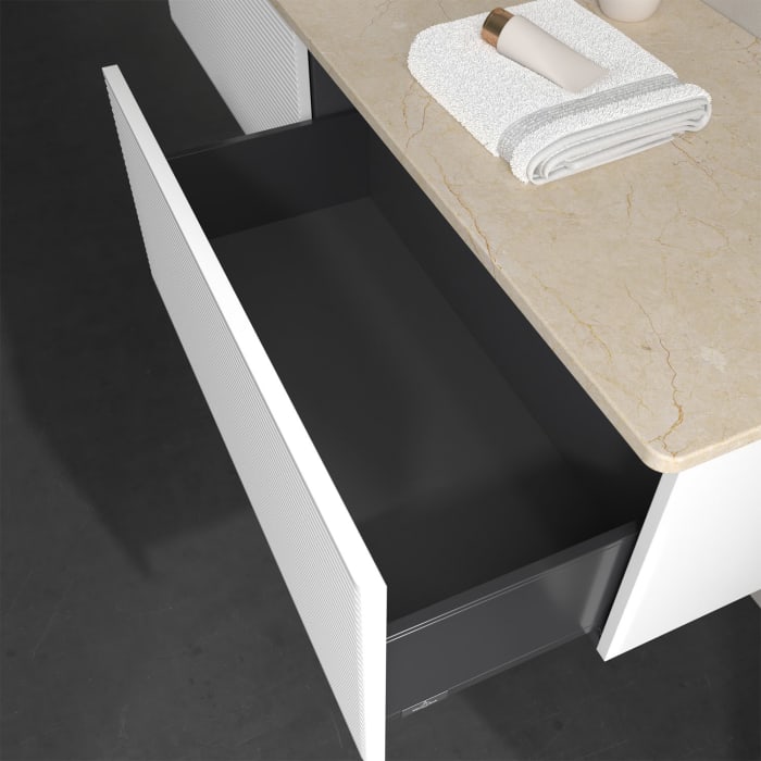 Villeroy & Boch Antao Waschbeckenunterschrank, 160 x 36 cm, 2 Auszüge, Front mit Struktur, mit Hahnloch, für Waschtisch links