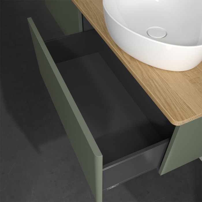 Villeroy & Boch Antao Waschbeckenunterschrank, 160 x 36 cm, 2 Auszüge, Front ohne Struktur, ohne Hahnloch, für Waschtisch rechts