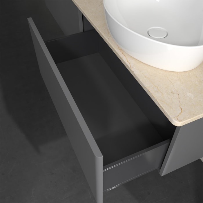 Villeroy & Boch Antao Waschbeckenunterschrank, 160 x 36 cm, 2 Auszüge, Front ohne Struktur, ohne Hahnloch, für Waschtisch rechts