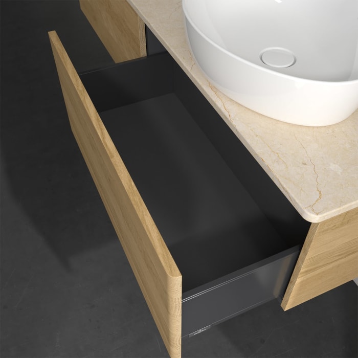 Villeroy & Boch Antao Waschbeckenunterschrank, 160 x 36 cm, 2 Auszüge, Front ohne Struktur, ohne Hahnloch, für Waschtisch rechts