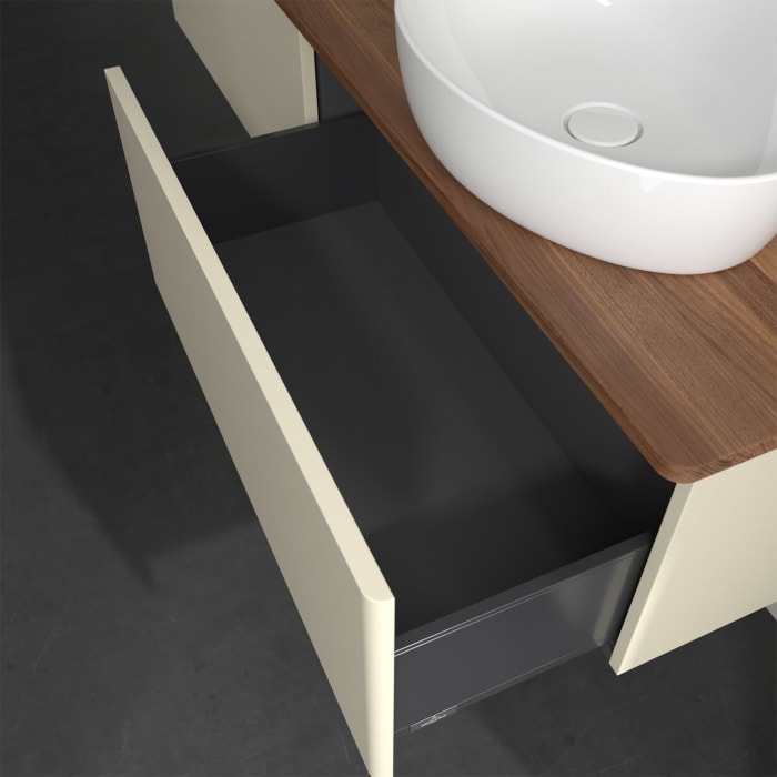 Villeroy & Boch Antao Waschbeckenunterschrank, 160 x 36 cm, 2 Auszüge, Front ohne Struktur, mit Hahnloch, für Waschtisch rechts