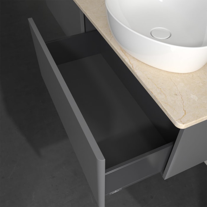 Villeroy & Boch Antao Waschbeckenunterschrank, 160 x 36 cm, 2 Auszüge, Front ohne Struktur, mit Hahnloch, für Waschtisch rechts