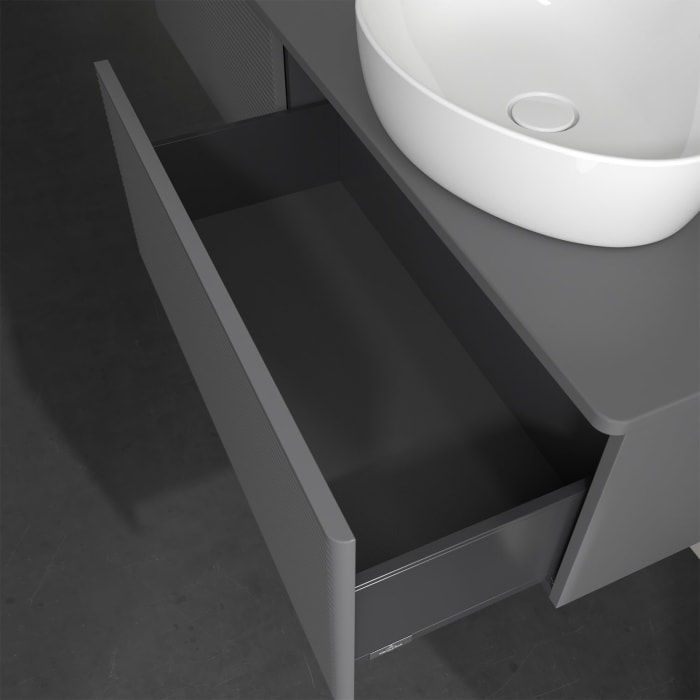 Villeroy & Boch Antao Waschbeckenunterschrank, 160 x 36 cm, 2 Auszüge, Front mit Struktur, ohne Hahnloch, für Waschtisch rechts