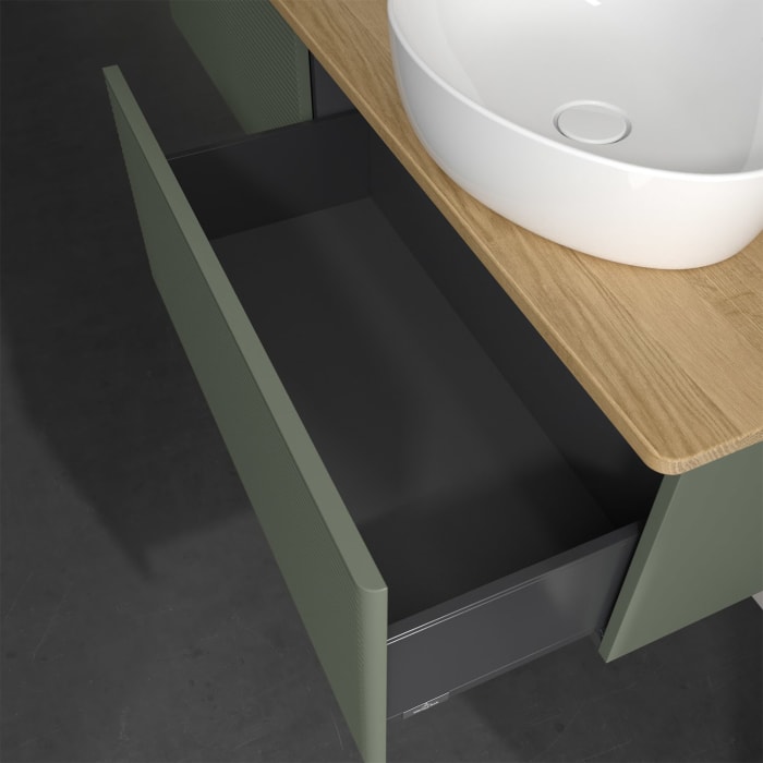 Villeroy & Boch Antao Waschbeckenunterschrank, 160 x 36 cm, 2 Auszüge, Front mit Struktur, ohne Hahnloch, für Waschtisch rechts