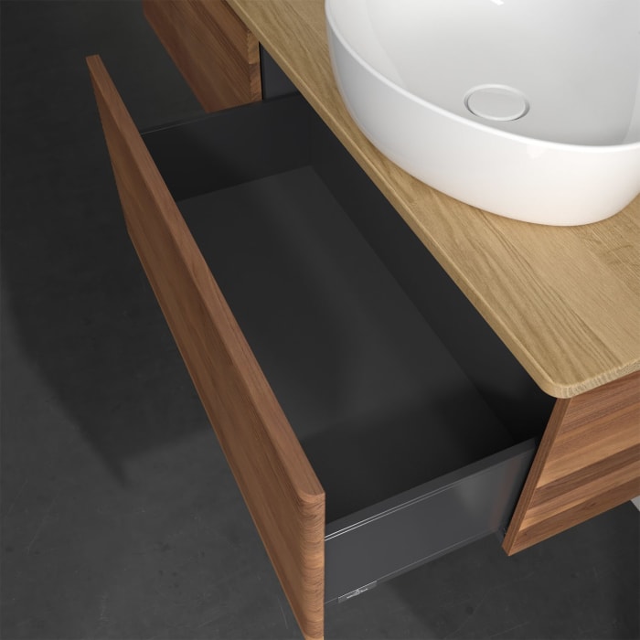 Villeroy & Boch Antao Waschbeckenunterschrank, 160 x 36 cm, 2 Auszüge, Front mit Struktur, ohne Hahnloch, für Waschtisch rechts