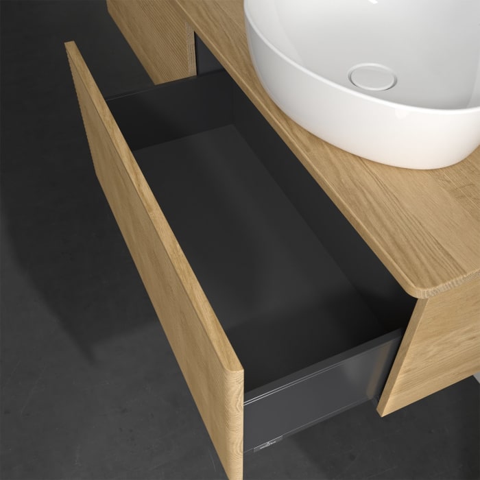 Villeroy & Boch Antao Waschbeckenunterschrank, 160 x 36 cm, 2 Auszüge, Front mit Struktur, ohne Hahnloch, für Waschtisch rechts