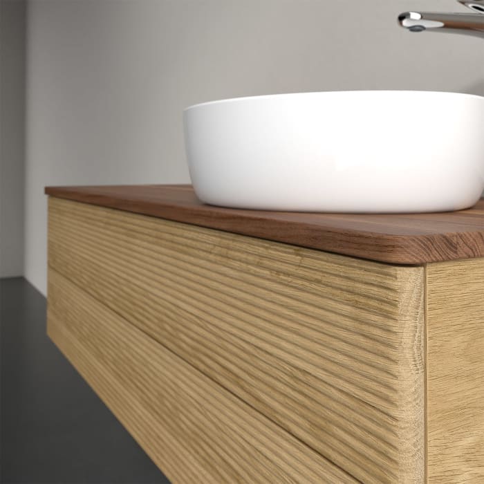 Villeroy & Boch Antao Waschbeckenunterschrank, 120 x 36 cm, 2 Auszüge mit LED-Licht, Front mit Struktur, mit Hahnloch, für Waschtisch rechts