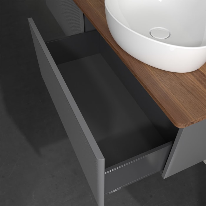 Villeroy & Boch Antao Waschbeckenunterschrank, 160 x 36 cm, 2 Auszüge, Front mit Struktur, ohne Hahnloch, für Waschtisch rechts