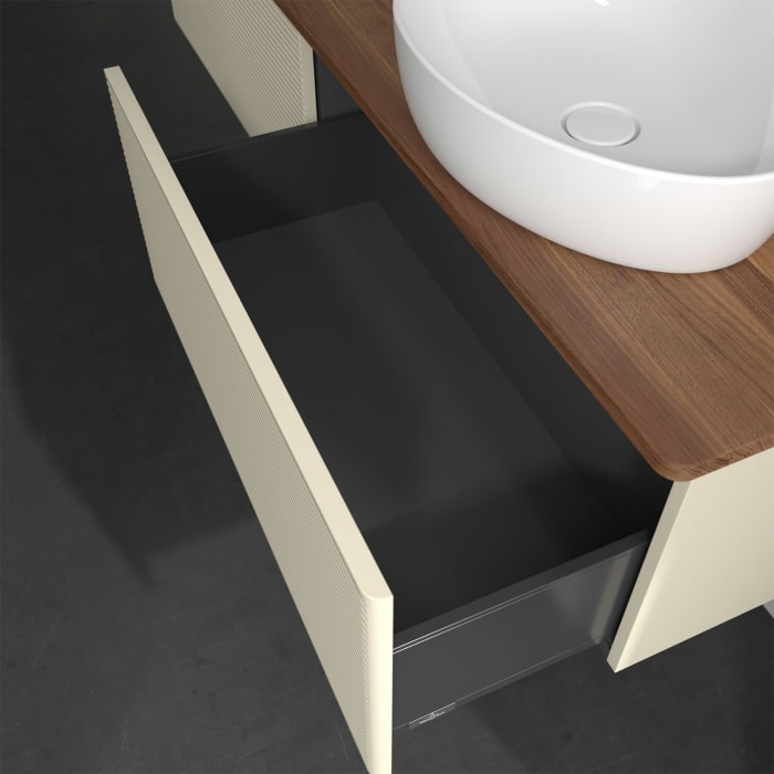 Villeroy & Boch Antao Waschbeckenunterschrank, 160 x 36 cm, 2 Auszüge, Front mit Struktur, ohne Hahnloch, für Waschtisch rechts