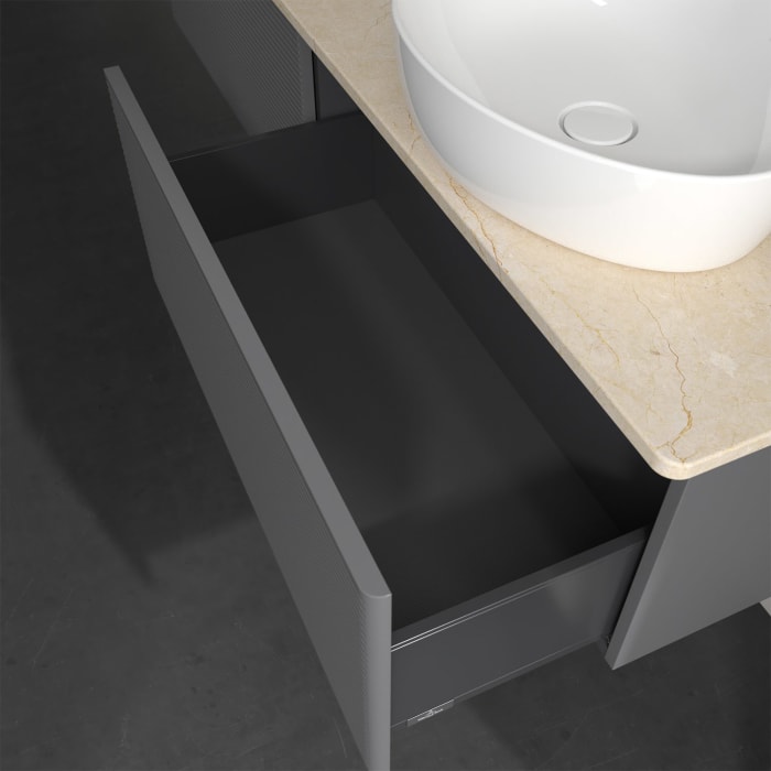 Villeroy & Boch Antao Waschbeckenunterschrank, 160 x 36 cm, 2 Auszüge, Front mit Struktur, ohne Hahnloch, für Waschtisch rechts