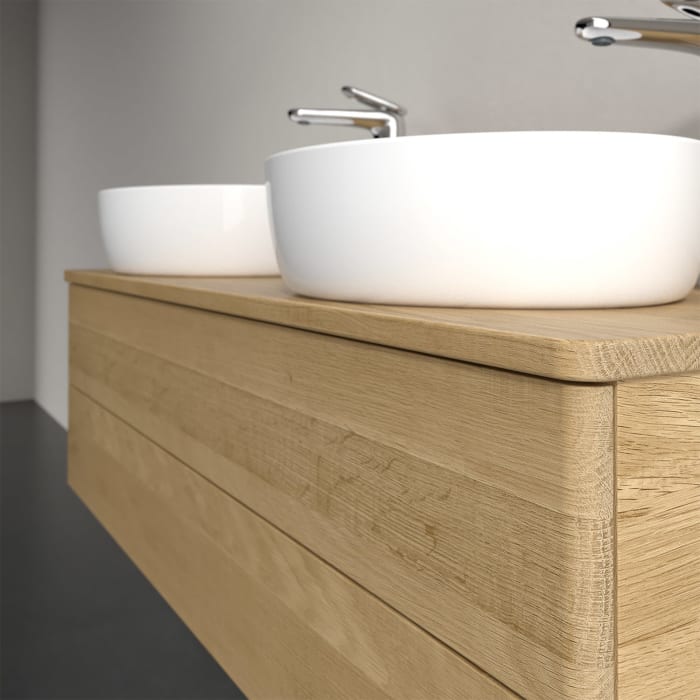 Villeroy & Boch Antao Waschbeckenunterschrank, 120 x 36 cm, 2 Auszüge mit LED-Licht, Front ohne Struktur, mit Hahnloch, für Waschtisch links und recht