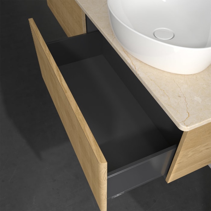 Villeroy & Boch Antao Waschbeckenunterschrank, 160 x 36 cm, 2 Auszüge, Front mit Struktur, mit Hahnloch, für Waschtisch rechts