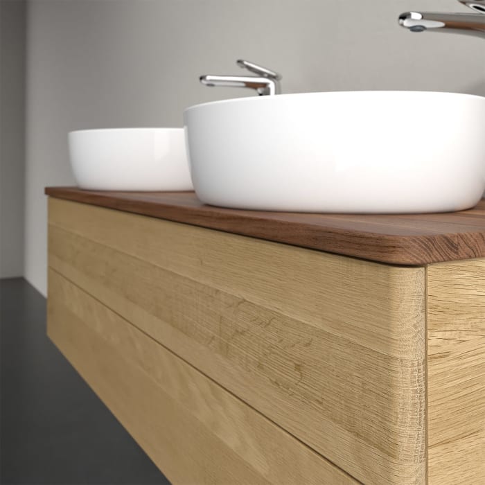 Villeroy & Boch Antao Waschbeckenunterschrank, 120 x 36 cm, 2 Auszüge mit LED-Licht, Front ohne Struktur, mit Hahnloch, für Waschtisch links und recht