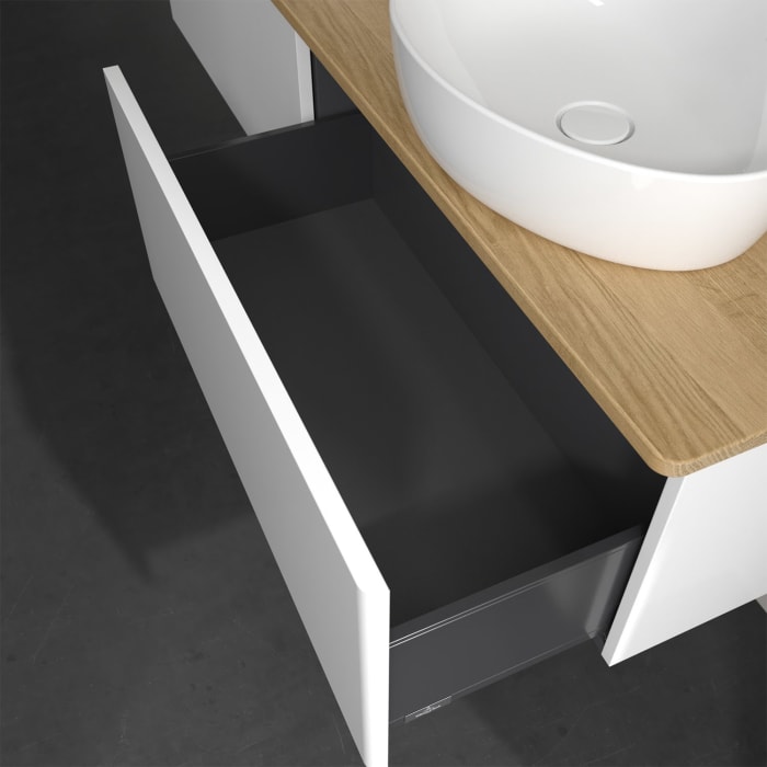 Villeroy & Boch Antao Waschbeckenunterschrank, 160 x 36 cm, 2 Auszüge, Front ohne Struktur, mit Hahnloch, für Waschtisch links und rechts