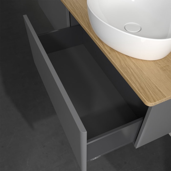 Villeroy & Boch Antao Waschbeckenunterschrank, 160 x 36 cm, 2 Auszüge, Front ohne Struktur, mit Hahnloch, für Waschtisch links und rechts