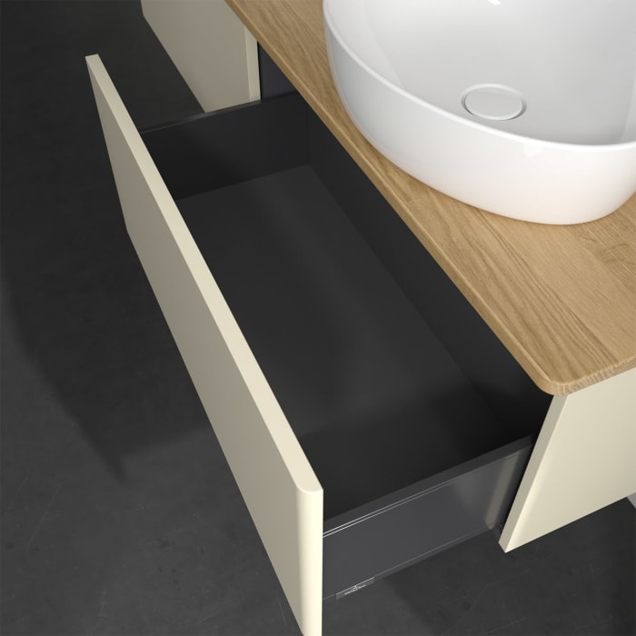 Villeroy & Boch Antao Waschbeckenunterschrank, 160 x 36 cm, 2 Auszüge, Front ohne Struktur, mit Hahnloch, für Waschtisch links und rechts