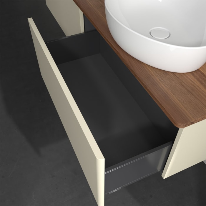 Villeroy & Boch Antao Waschbeckenunterschrank, 160 x 36 cm, 2 Auszüge, Front ohne Struktur, mit Hahnloch, für Waschtisch links und rechts