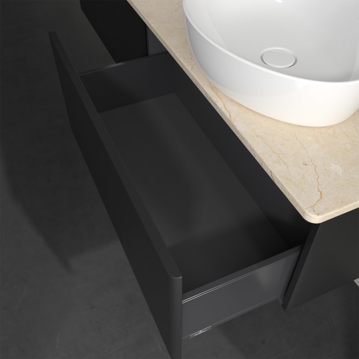 Villeroy & Boch Antao Waschbeckenunterschrank, 160 x 36 cm, 2 Auszüge, Front ohne Struktur, mit Hahnloch, für Waschtisch links und rechts