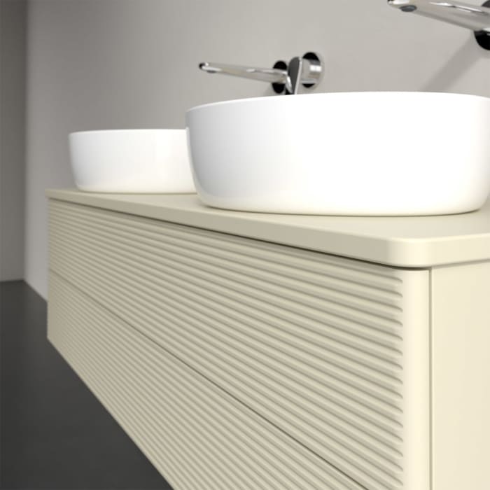 Villeroy & Boch Antao Waschbeckenunterschrank, 120 x 36 cm, 2 Auszüge mit LED-Licht, Front mit Struktur, mit Hahnloch, für Waschtisch links und rechts