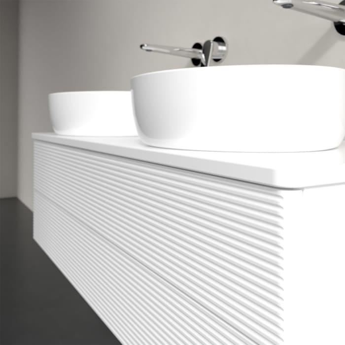 Villeroy & Boch Antao Waschbeckenunterschrank, 120 x 36 cm, 2 Auszüge mit LED-Licht, Front mit Struktur, mit Hahnloch, für Waschtisch links und rechts