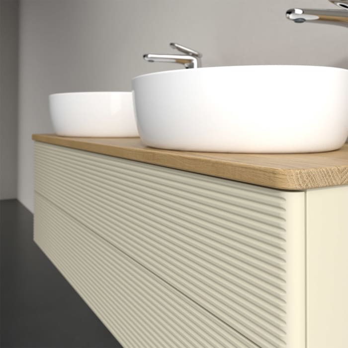 Villeroy & Boch Antao Waschbeckenunterschrank, 120 x 36 cm, 2 Auszüge mit LED-Licht, Front mit Struktur, mit Hahnloch, für Waschtisch links und rechts