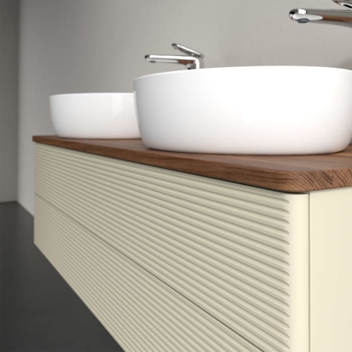 Villeroy & Boch Antao Waschbeckenunterschrank, 120 x 36 cm, 2 Auszüge mit LED-Licht, Front mit Struktur, mit Hahnloch, für Waschtisch links und rechts