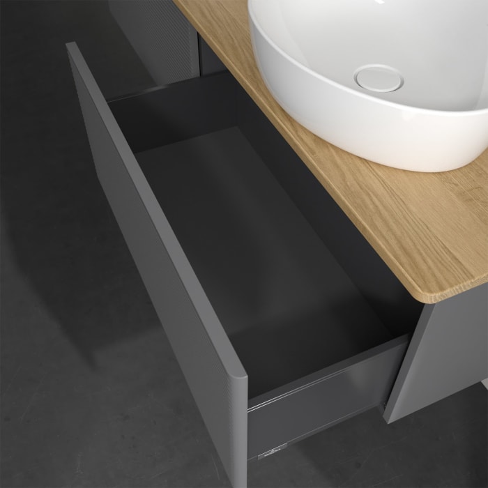 Villeroy & Boch Antao Waschbeckenunterschrank, 160 x 36 cm, 2 Auszüge, Front mit Struktur, mit Hahnloch, für Waschtisch links und rechts