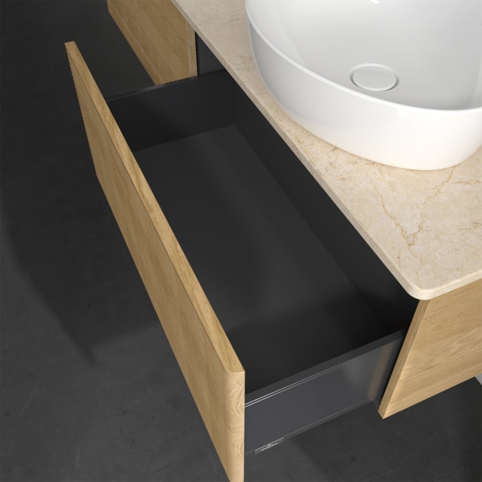 Villeroy & Boch Antao Waschbeckenunterschrank, 160 x 36 cm, 2 Auszüge, Front mit Struktur, mit Hahnloch, für Waschtisch links und rechts