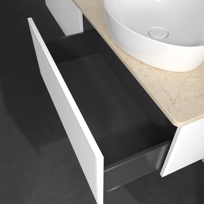 Villeroy & Boch Antao Waschbeckenunterschrank, 160 x 36 cm, 2 Auszüge, Front mit Struktur, mit Hahnloch, für Waschtisch links und rechts