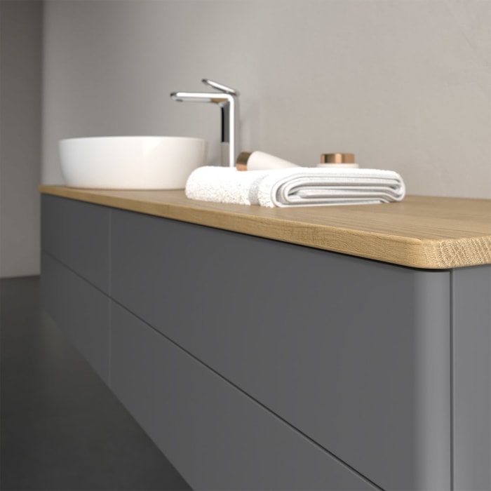 Villeroy & Boch Antao Waschbeckenunterschrank, 160 x 36 cm, 4 Auszüge mit LED-Licht, Front ohne Struktur, mit Hahnloch, für Waschtisch links