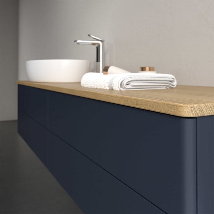 Villeroy & Boch Antao Waschbeckenunterschrank, 160 x 36 cm, 4 Auszüge mit LED-Licht, Front ohne Struktur, mit Hahnloch, für Waschtisch links