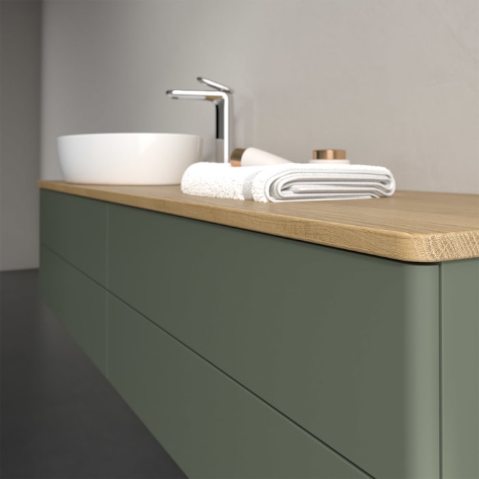 Villeroy & Boch Antao Waschbeckenunterschrank, 160 x 36 cm, 4 Auszüge mit LED-Licht, Front ohne Struktur, mit Hahnloch, für Waschtisch links