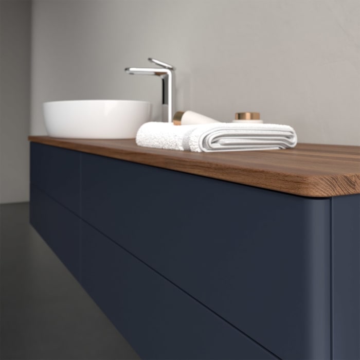 Villeroy & Boch Antao Waschbeckenunterschrank, 160 x 36 cm, 4 Auszüge mit LED-Licht, Front ohne Struktur, mit Hahnloch, für Waschtisch links