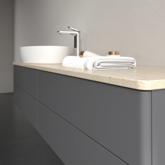 Villeroy & Boch Antao Waschbeckenunterschrank, 160 x 36 cm, 4 Auszüge mit LED-Licht, Front ohne Struktur, mit Hahnloch, für Waschtisch links