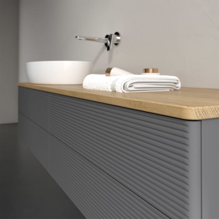 Villeroy & Boch Antao Waschbeckenunterschrank, 160 x 36 cm, 4 Auszüge mit LED-Licht, Front mit Struktur, ohne Hahnloch, für Waschtisch links