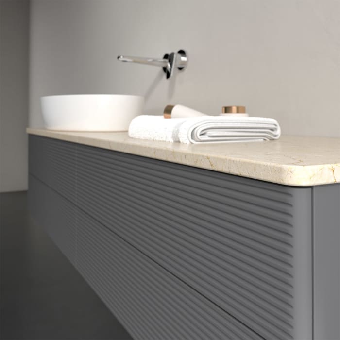 Villeroy & Boch Antao Waschbeckenunterschrank, 160 x 36 cm, 4 Auszüge mit LED-Licht, Front mit Struktur, ohne Hahnloch, für Waschtisch links