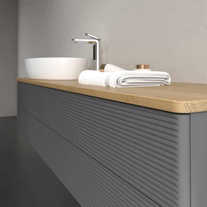 Villeroy & Boch Antao Waschbeckenunterschrank, 160 x 36 cm, 4 Auszüge mit LED-Licht, Front mit Struktur, mit Hahnloch, für Waschtisch links