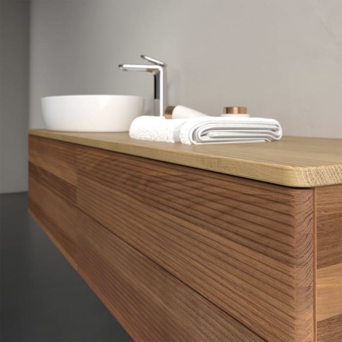 Villeroy & Boch Antao Waschbeckenunterschrank, 160 x 36 cm, 4 Auszüge mit LED-Licht, Front mit Struktur, mit Hahnloch, für Waschtisch links