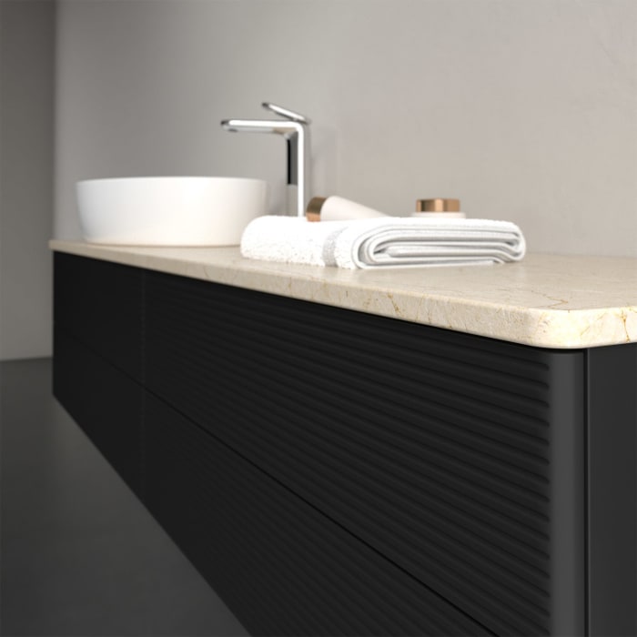 Villeroy & Boch Antao Waschbeckenunterschrank, 160 x 36 cm, 4 Auszüge mit LED-Licht, Front mit Struktur, mit Hahnloch, für Waschtisch links