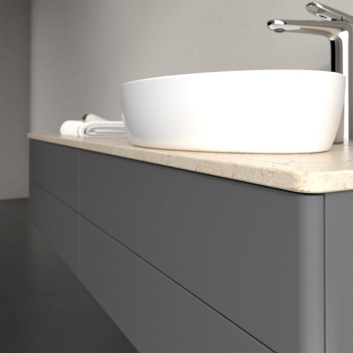 Villeroy & Boch Antao Waschbeckenunterschrank, 160 x 36 cm, 4 Auszüge mit LED-Licht, Front ohne Struktur, mit Hahnloch, für Waschtisch rechts