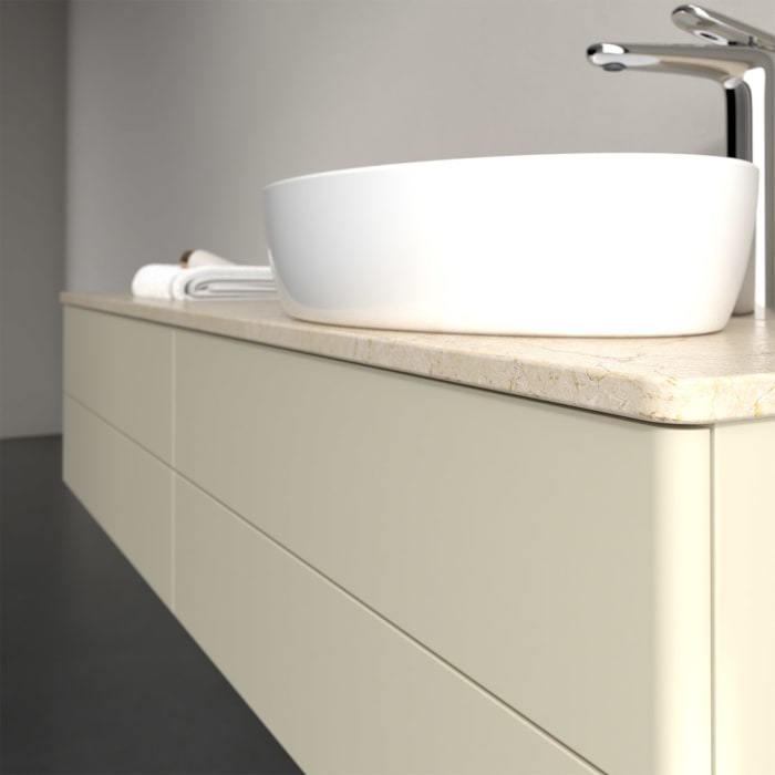 Villeroy & Boch Antao Waschbeckenunterschrank, 160 x 36 cm, 4 Auszüge mit LED-Licht, Front ohne Struktur, mit Hahnloch, für Waschtisch rechts