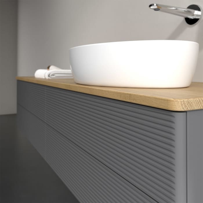 Villeroy & Boch Antao Waschbeckenunterschrank, 160 x 36 cm, 4 Auszüge mit LED-Licht, Front mit Struktur, ohne Hahnloch, für Waschtisch rechts