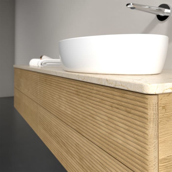 Villeroy & Boch Antao Waschbeckenunterschrank, 160 x 36 cm, 4 Auszüge mit LED-Licht, Front mit Struktur, ohne Hahnloch, für Waschtisch rechts