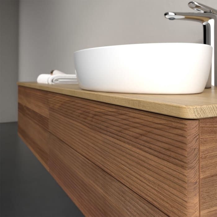 Villeroy & Boch Antao Waschbeckenunterschrank, 160 x 36 cm, 4 Auszüge mit LED-Licht, Front mit Struktur, mit Hahnloch, für Waschtisch rechts