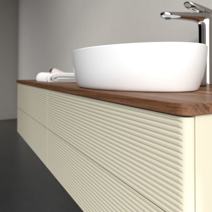 Villeroy & Boch Antao Waschbeckenunterschrank, 160 x 36 cm, 4 Auszüge mit LED-Licht, Front mit Struktur, mit Hahnloch, für Waschtisch rechts