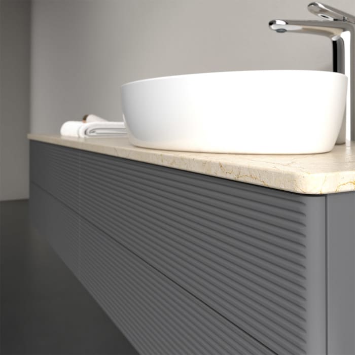 Villeroy & Boch Antao Waschbeckenunterschrank, 160 x 36 cm, 4 Auszüge mit LED-Licht, Front mit Struktur, mit Hahnloch, für Waschtisch rechts