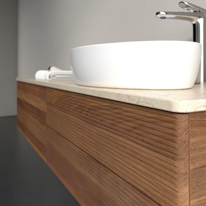 Villeroy & Boch Antao Waschbeckenunterschrank, 160 x 36 cm, 4 Auszüge mit LED-Licht, Front mit Struktur, mit Hahnloch, für Waschtisch rechts