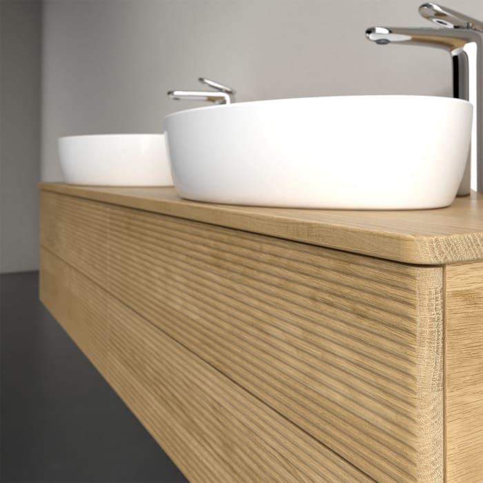 Villeroy & Boch Antao Waschbeckenunterschrank, 160 x 36 cm, 4 Auszüge mit LED-Licht, Front mit Struktur, mit Hahnloch, für Waschtisch links und rechts