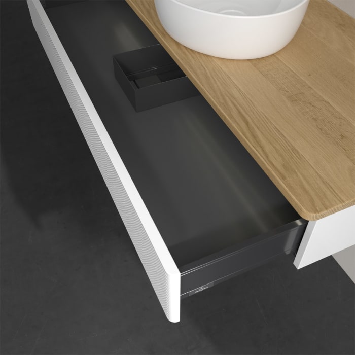 Villeroy & Boch Antao Waschbeckenunterschrank, 120 x 19 cm, 1 Auszug mit LED-Licht, Front mit Struktur, ohne Hahnloch, für Waschtisch mittig