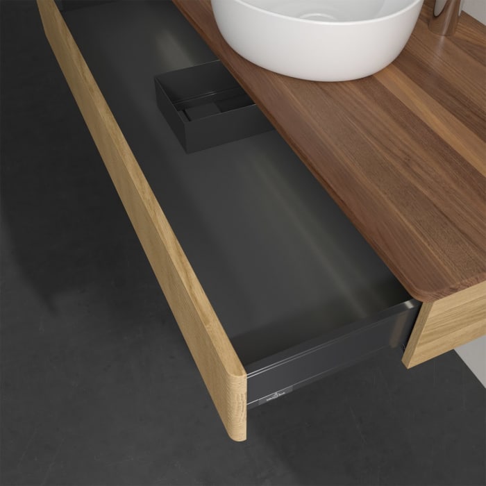 Villeroy & Boch Antao Waschbeckenunterschrank, 120 x 19 cm, 1 Auszug mit LED-Licht, Front mit Struktur, mit Hahnloch, für Waschtisch mittig